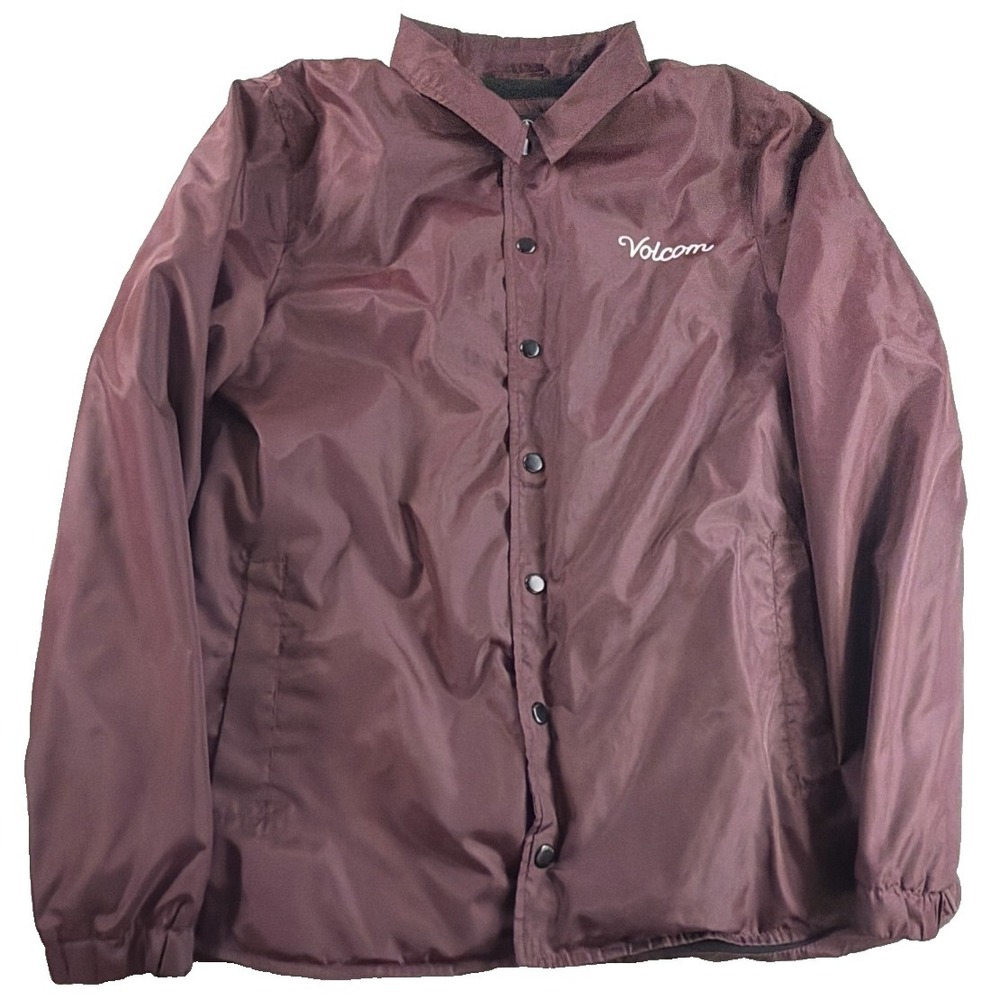 Volcom Coach Jacket Women Medium Maroon Script Logo Snap Windbreaker Water Resis